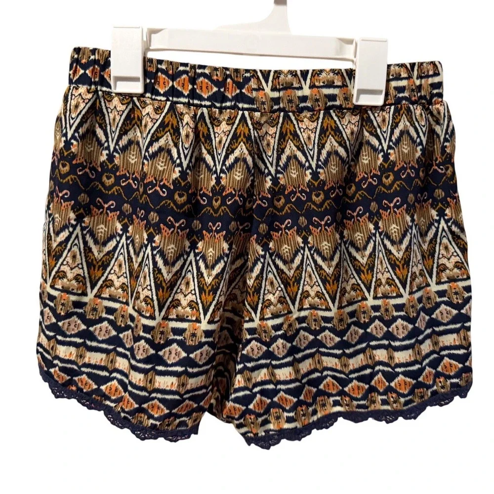Ci Sono Womens Medium Tribal Geometric Print Tulip Shorts Crochet Lace Trim Navy - Picture 2 of 4